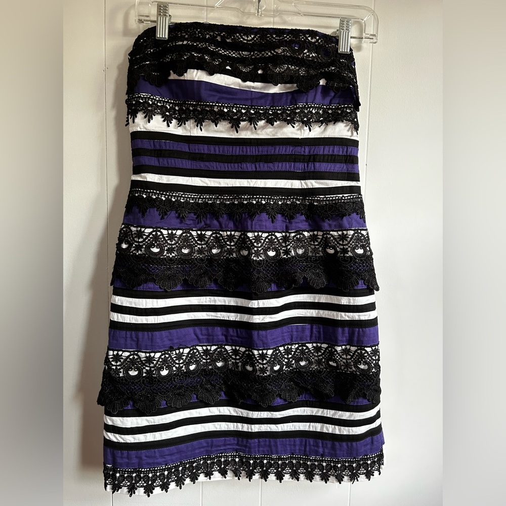 Minuet Petite Women’s Formal Mini Strapless Lace Dress Black Purple White Stripe